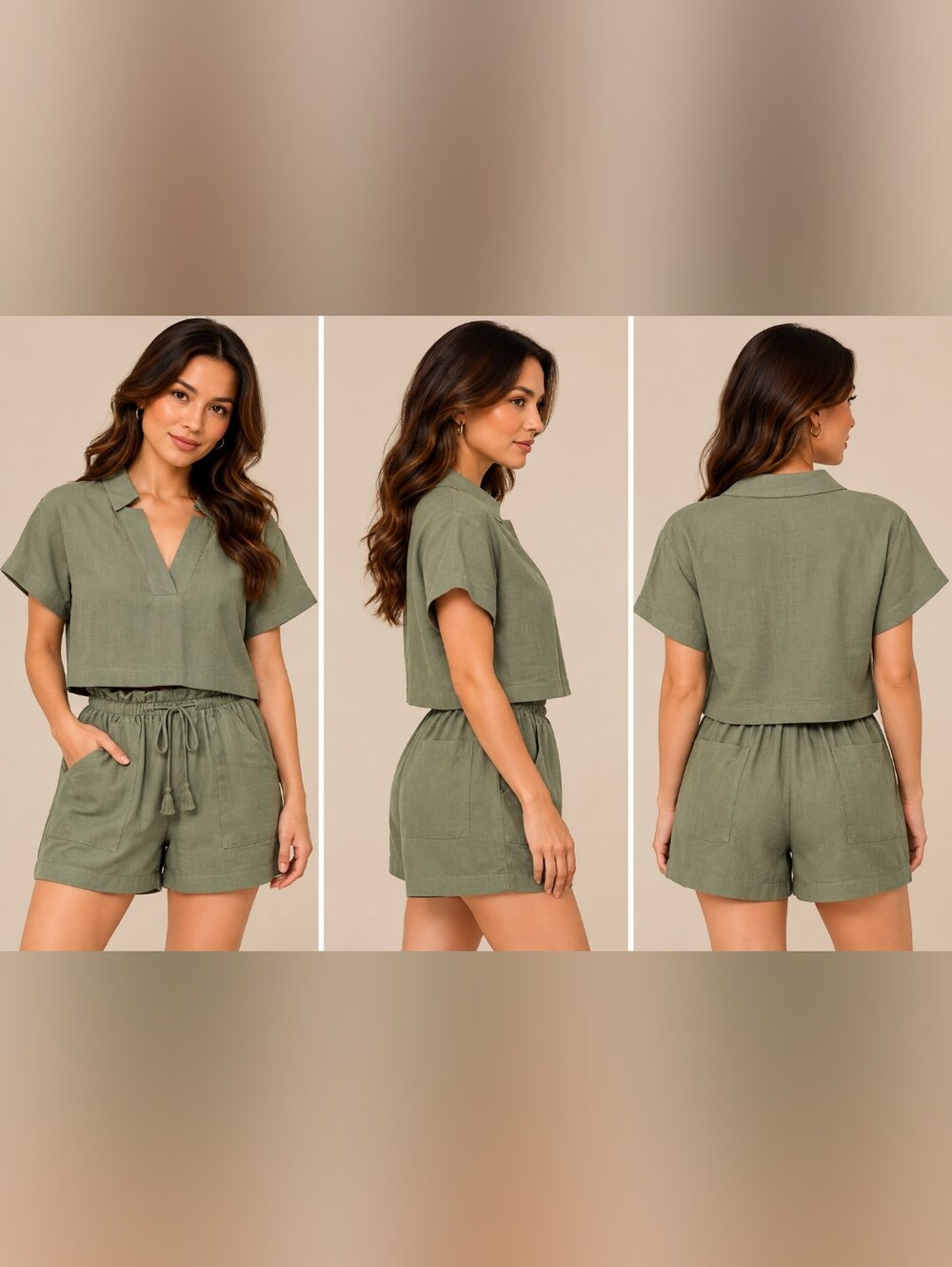 Relaxed Cropped Collared Top in Olive Green